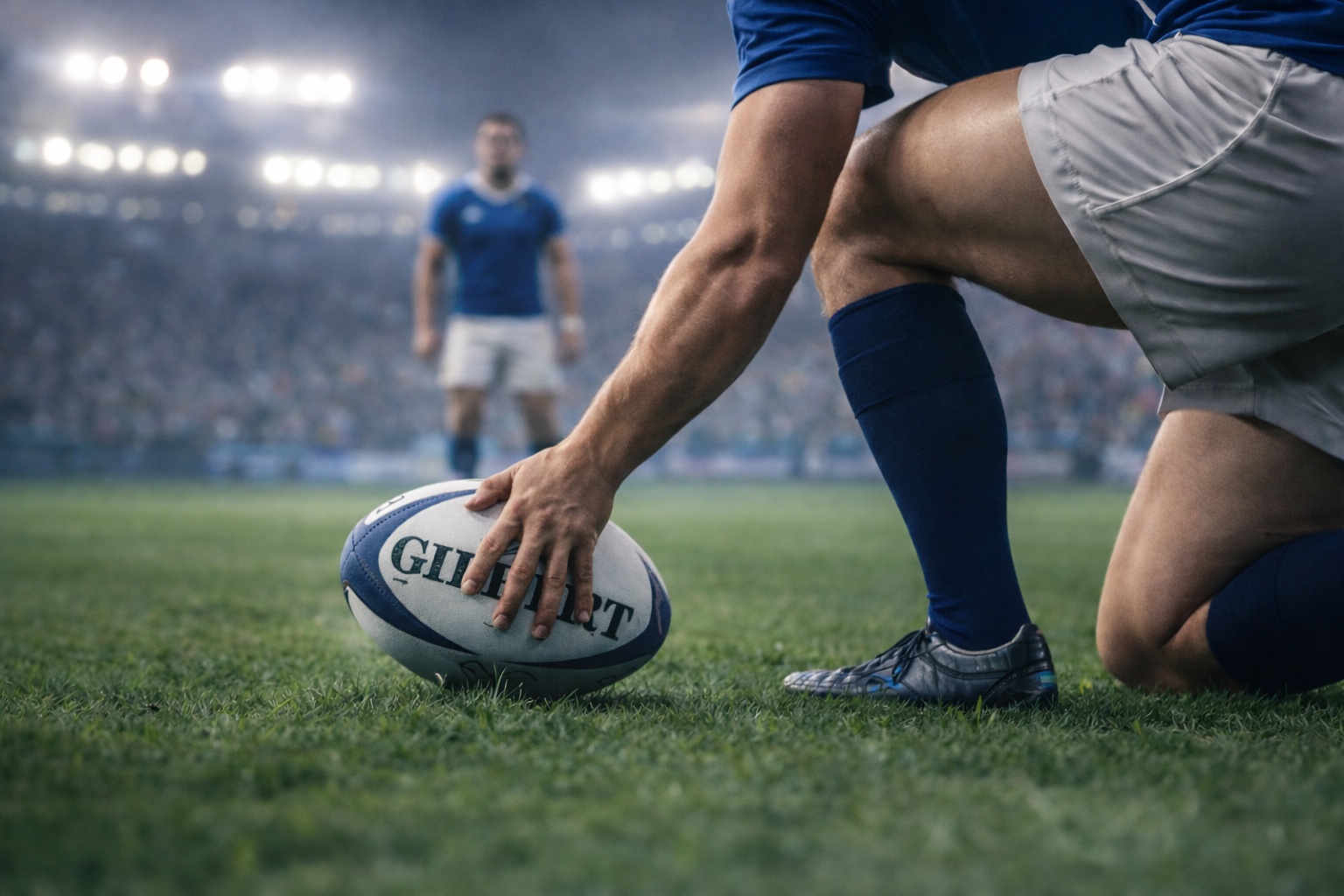 Rugby player setting up a tactical kick under pressure